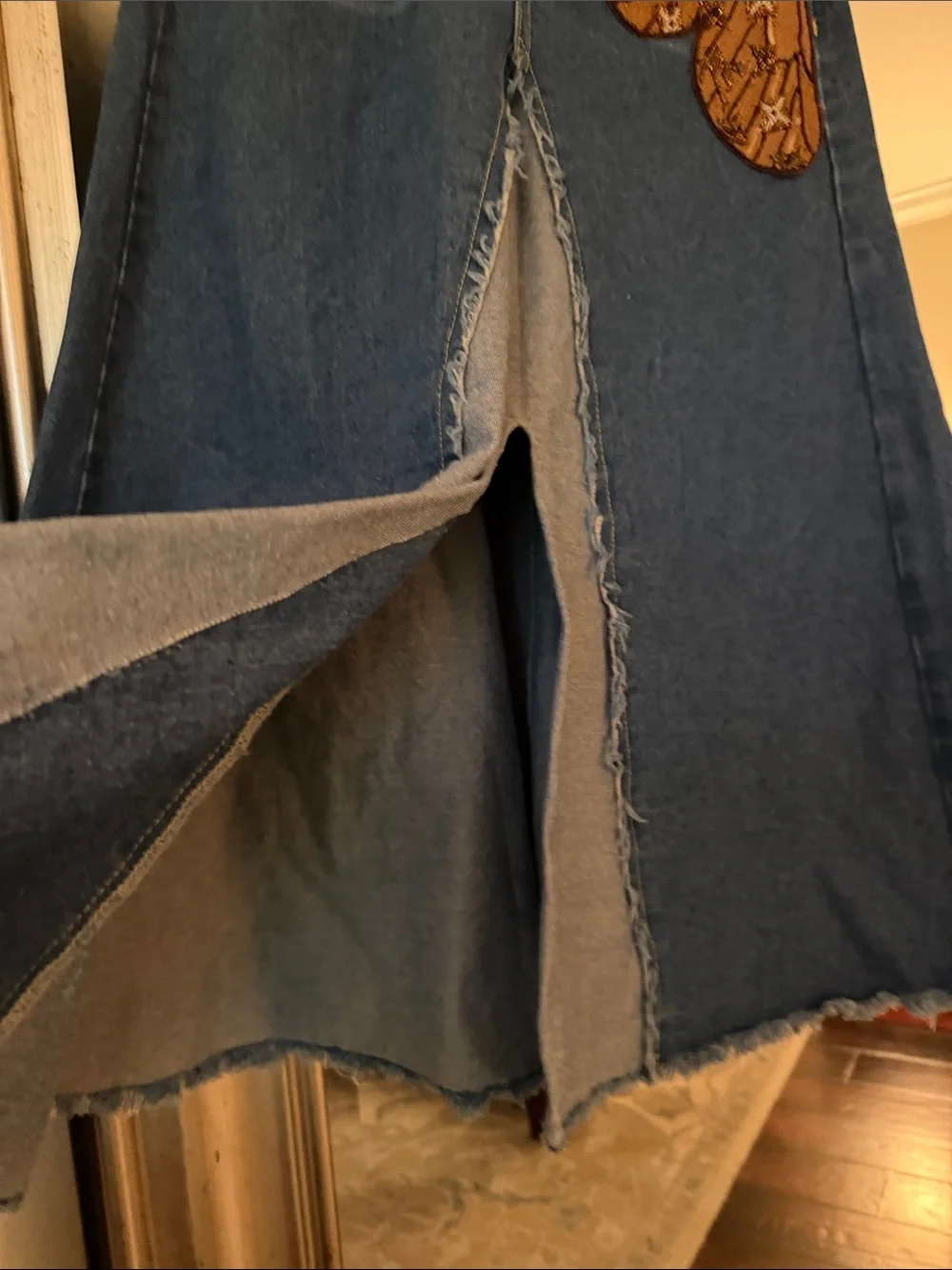 Blue Denim Maxi Skirt with Brown Floral Patch Embellishment